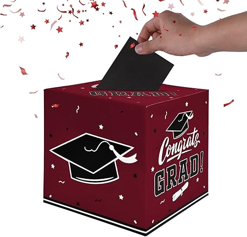 Miniatura 3 de Gatherfun Caja de tarjetas de decoración de fiesta para regalos de fiesta de graduación, suministros de fiesta, color granate