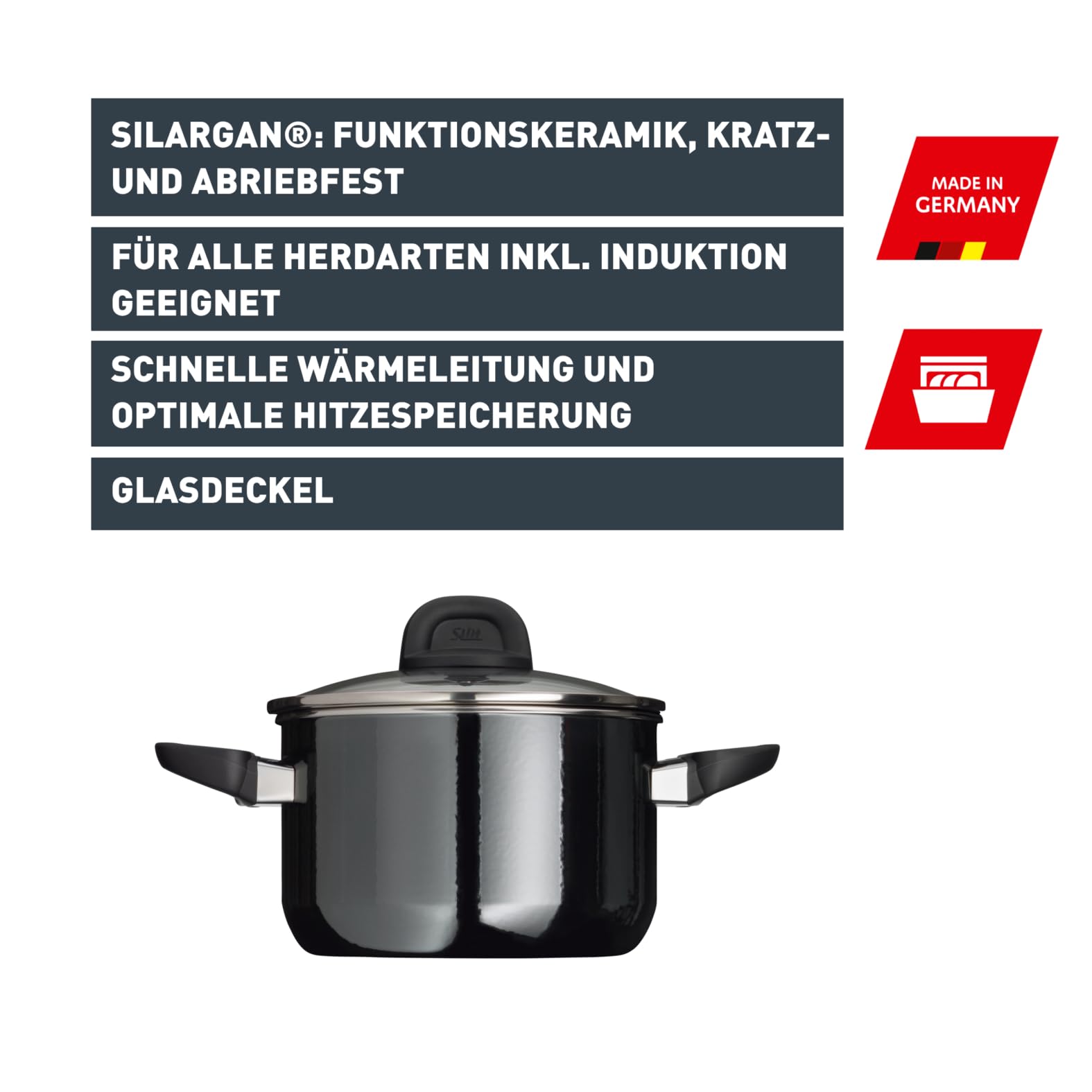 Silit Modesto Line Kochtopf klein 16cm, Glasdeckel, Bratentopf Induktion 1,3l, Silargan Funktionskeramik, schwarz