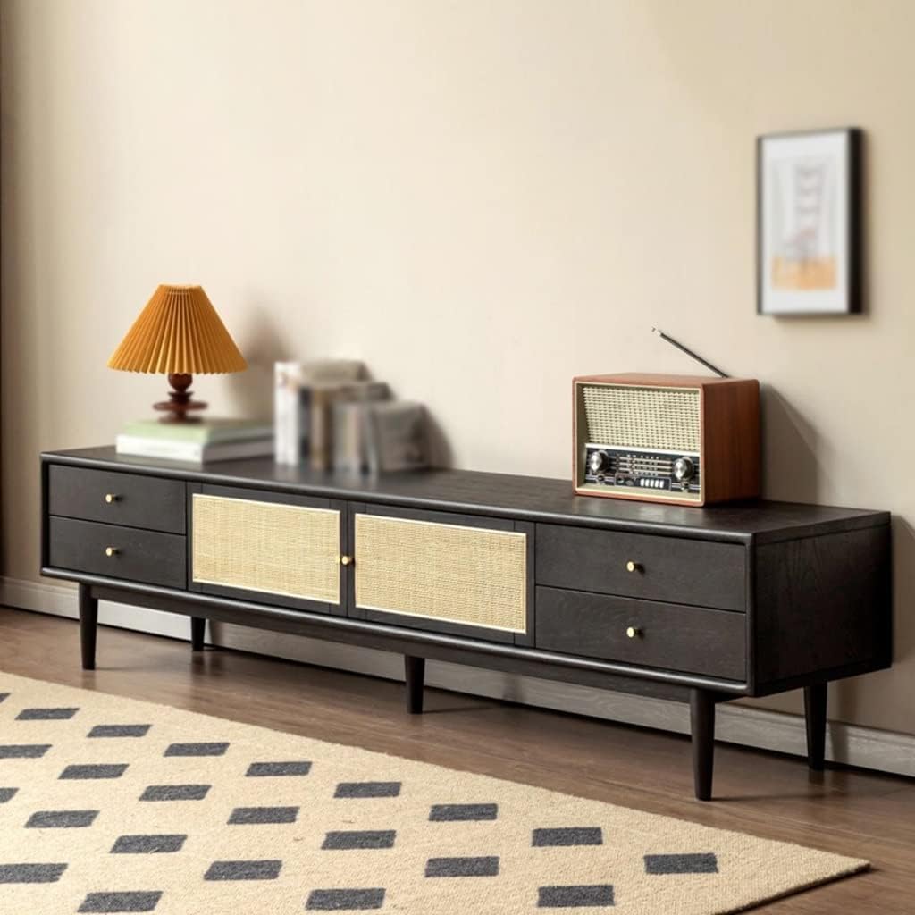 TGF Furniture Store Mid-Century Modern TV Stand – Black Wooden Entertainment Center Console with Rattan Doors and 4 Drawers – Long Media Unit for Living Room-image-10