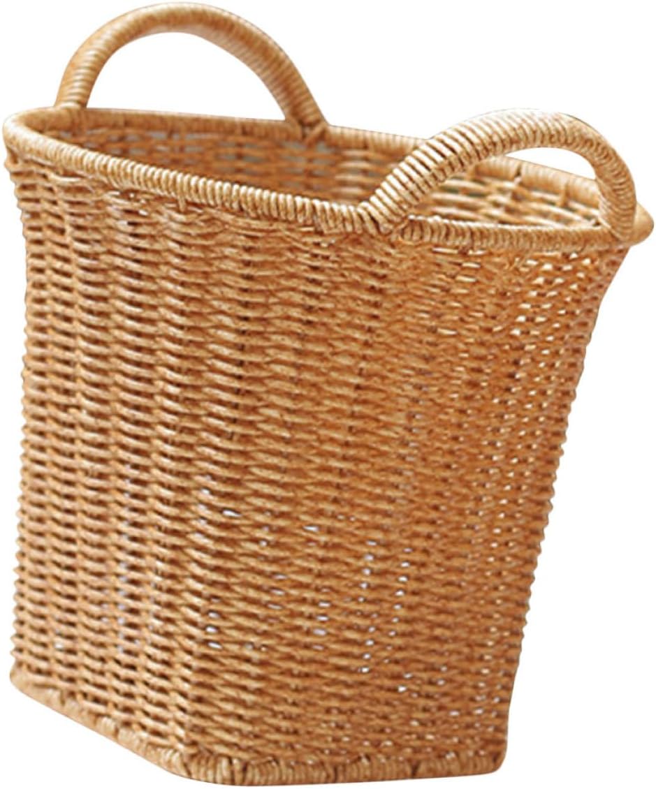 Woven Decorative Flower Basket with Handles, Medium Size Rattan Storage Basket in Light Coffee Color, Handwoven Household Sundries Organizer for Living Room and Tabletop Use