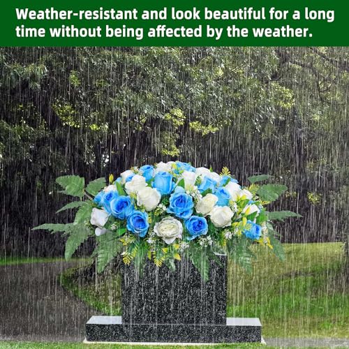 Lodou Artificial Cemetery Flower Saddles, Rose Headstone Flower Saddle Outdoor Grave Decorations,Cemetery Memorial Flowers with Vase for Grave Tombstone Decorations (Blue with Whit image 7