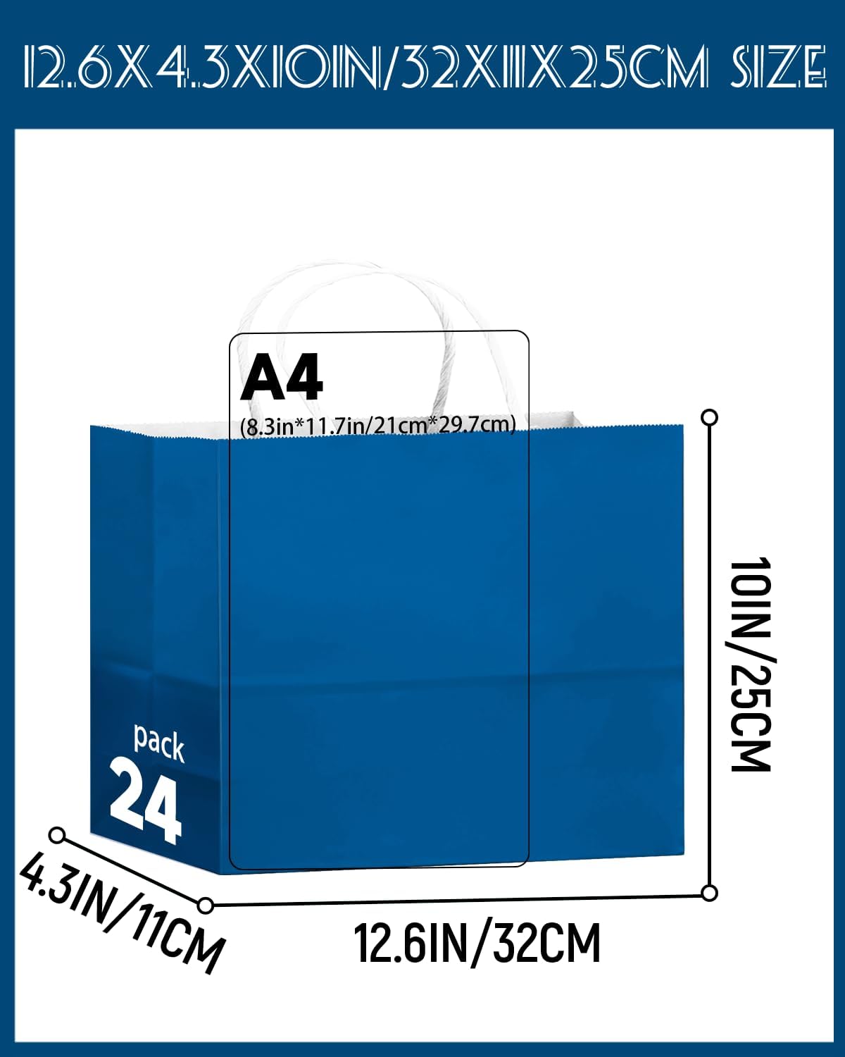 qiqee 24PCS Large Gift Bag with Handles Bulk 13"x4.5"x10" Gift Bags Cyan Bags Multiple Uses (32x11x25cm,Wide Large)