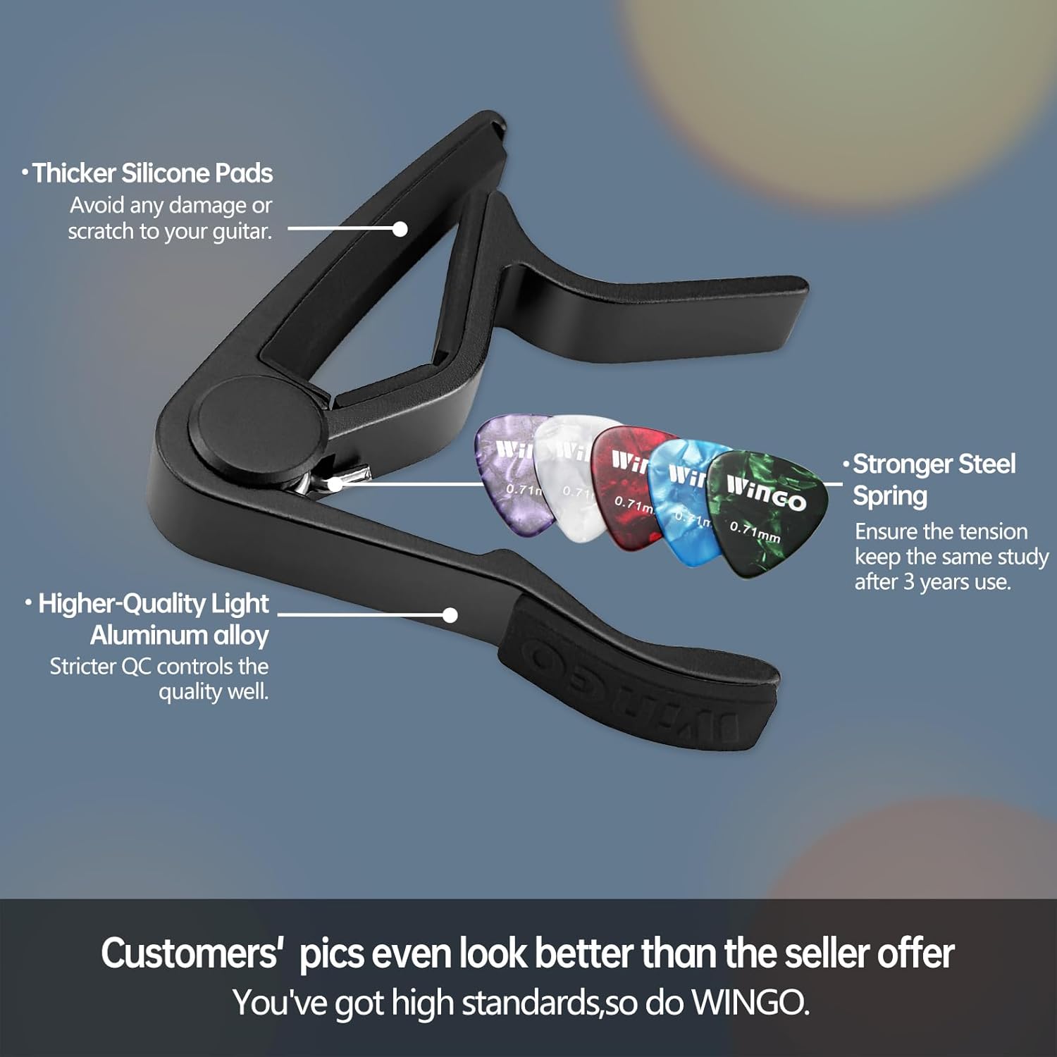 WiNGO Capodastre guitare noir en alliage de zinc avec 5 médiators – No Buzz, libération rapide, pour guitare folk, électrique, ukulélé, mandoline, banjo - Image secondaire