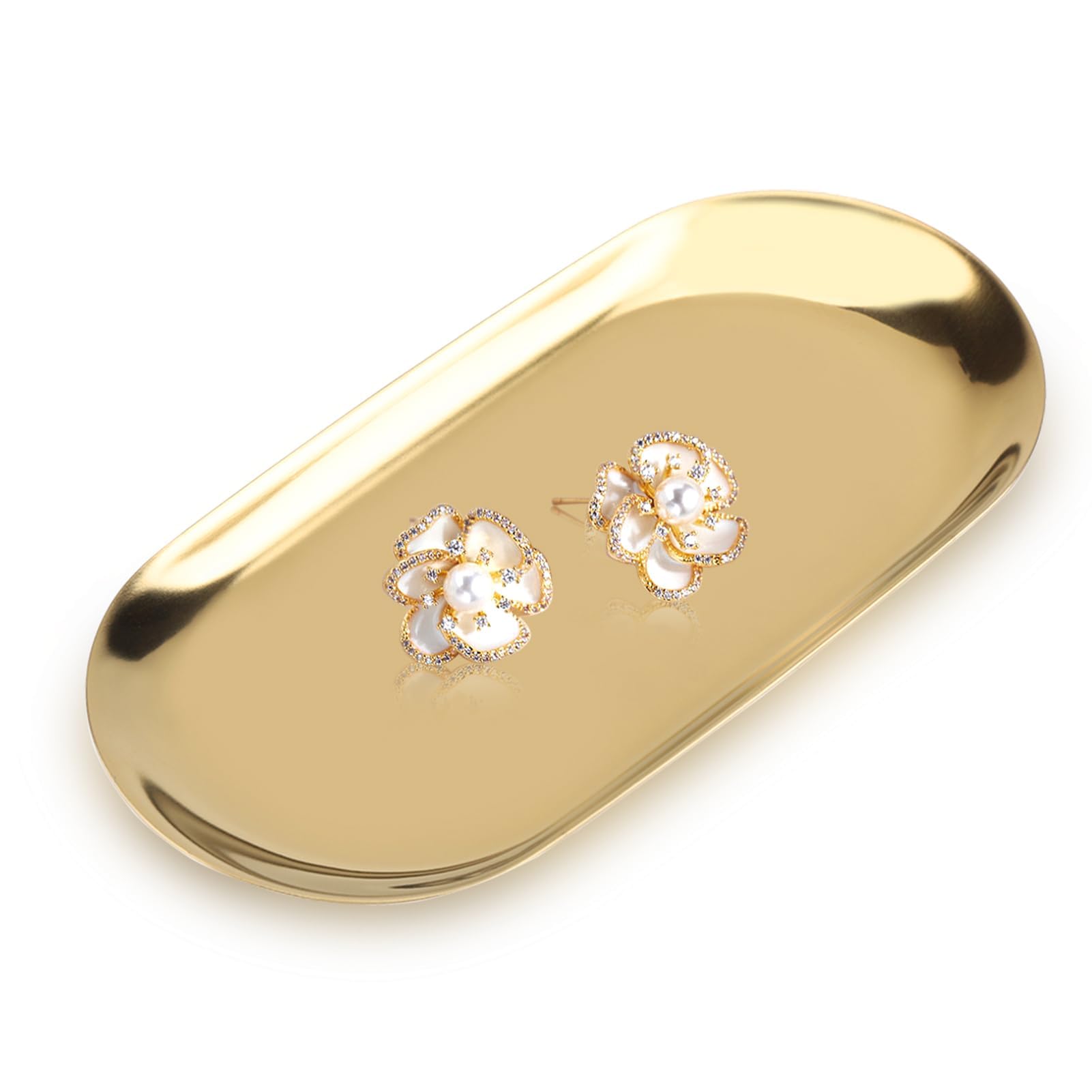 Herchr Gold Oval Tray, Nordic Style Towel Tray Cosmetics Jewelry Organizer Fruit Cake Plate Stainless Steel Snack Tea Key Tray Candle Plates, 7.1X3.2inch