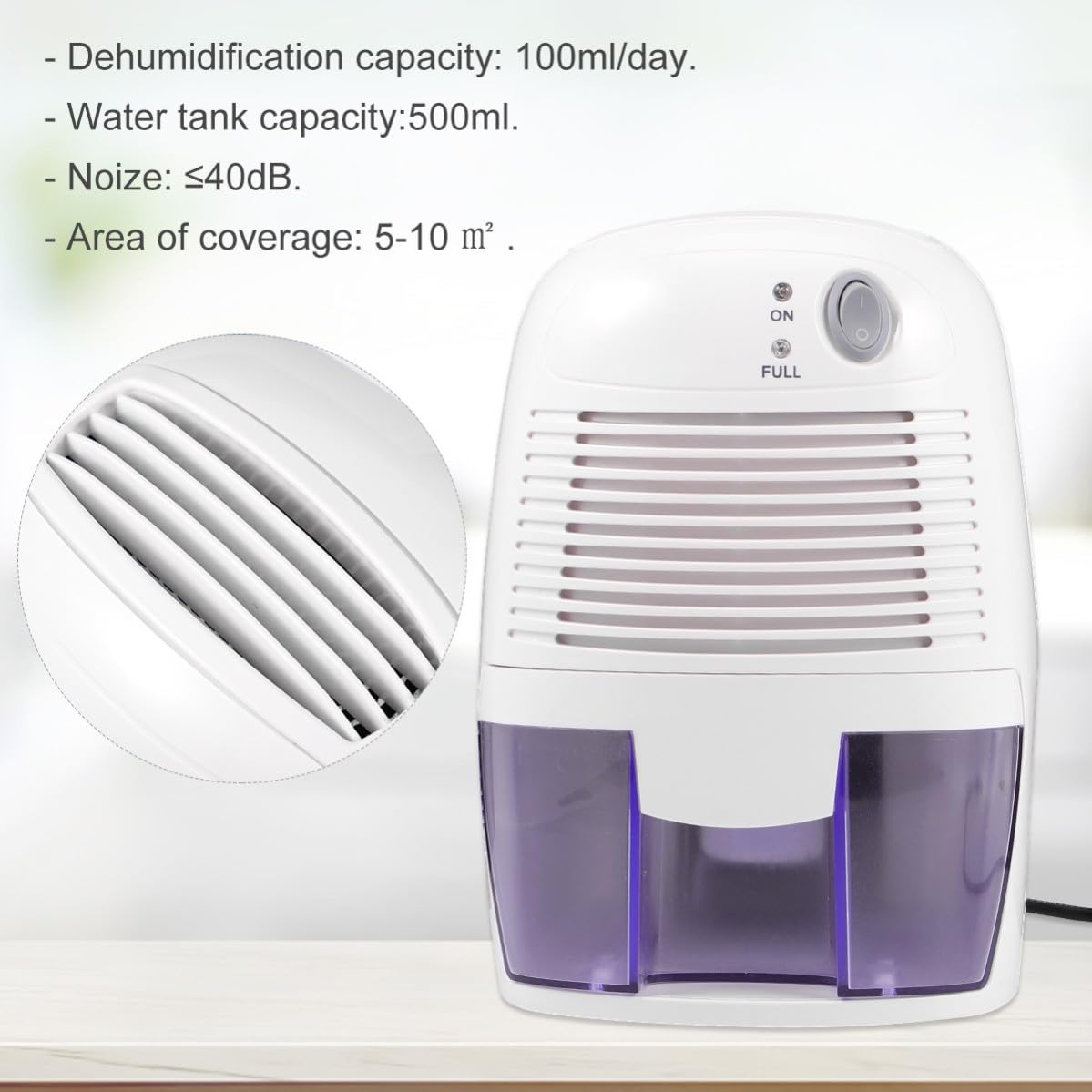 minkissy Deshumidificador Mini USB de 500ml Blanco Abs para Coche y Cocina