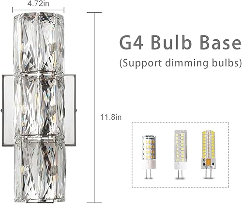 Miniatura 6 de Qaupoee Lámpara de pared de cristal de 3 luces de mediados de siglo, moderna lámpara de pared de metal de acero inoxidable plateado para dormitorio,