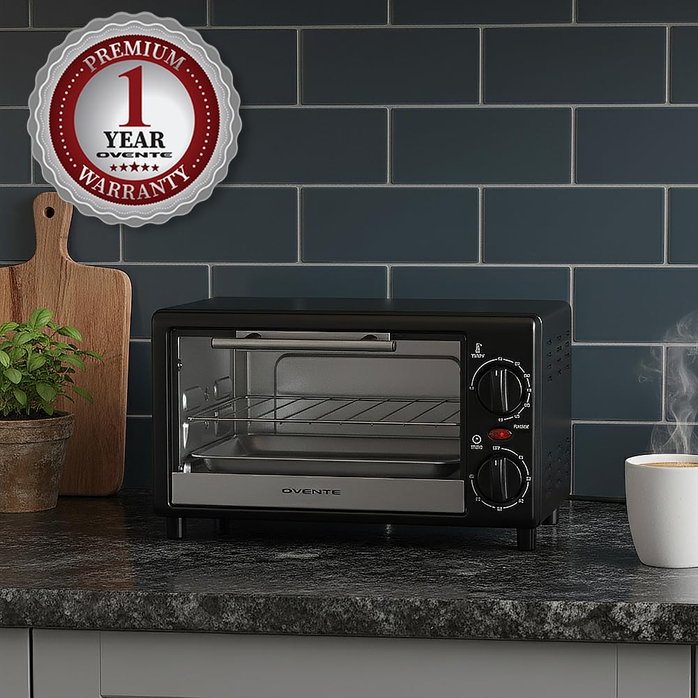 OVENTE 8L Countertop Toaster Oven with 60-Minute Timer, Adjustable Temperature Control, Easy-to-Clean Baking Pan, 750W Compact Mini for Pizza, Toast, Bake, and Broil, Black TO2808B