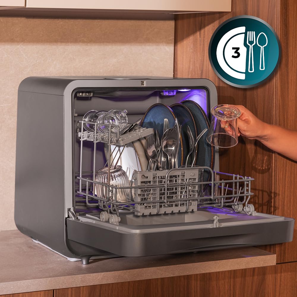 Cecotec Lavastoviglie Compatto Libero Installazione Desktop Bolero Forero 1150 Dark, 3 Posate, Basso consumo, 6 programmi, Touch Control Panel, Funzioni come Long Storage e Delay Start, Dark Inox
