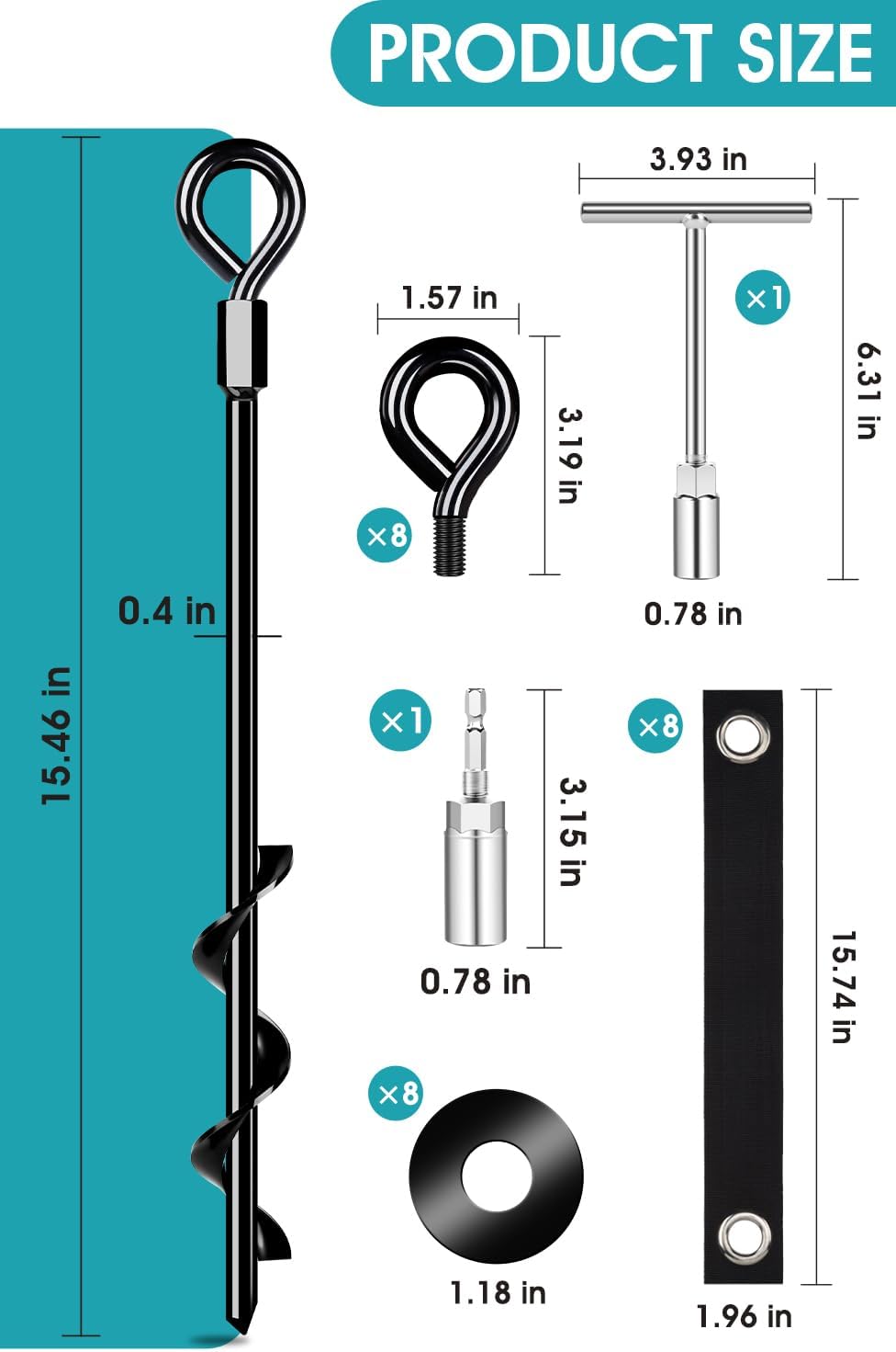 Ground Anchors Screw in 8Pcs, Trampoline Stakes Anchors with Straps Resistant High Wind, Earth Anchor for Swing Set, Tent, Trampolines, Carport, Canopies(8x15in)