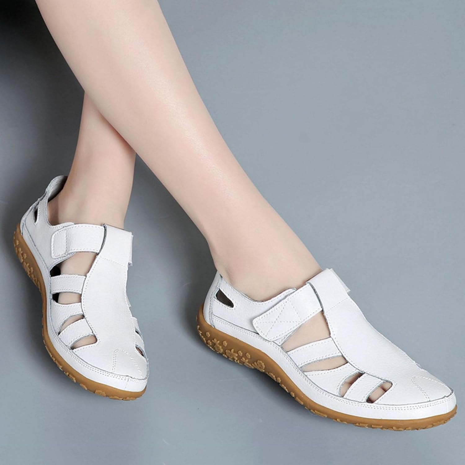 Women's Retro Flat Leather Non-slip Sandals, Closed Toe Sandals, Comfortable Hollow Out Sandals for Women
