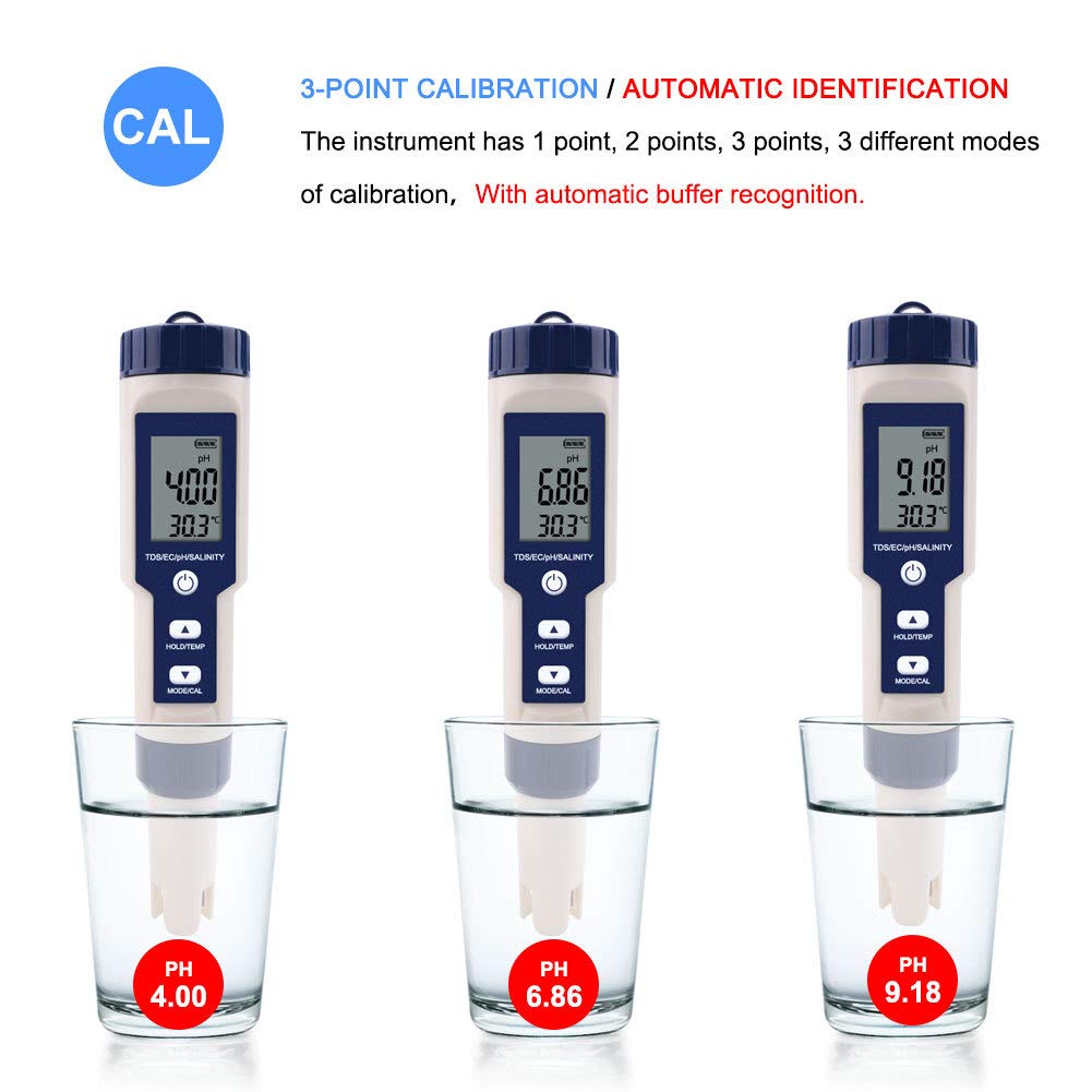 Testeur Numérique 5 en 1 TDS/EC/PH/Salinité/Température de L'eau Pour Hydroponie/Aquarium/Piscine/Eau Potable DH12