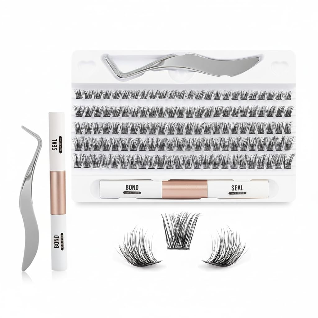 KASTWAVE Lash Extension Kit, Individual Lashes with Bond and Seal-120 Lash Clusters DIY False Eyelashes Natural Cluster Lashes with Eyelash Glue and Lash Tweezers C D Curl 10/12/14/15/16mm