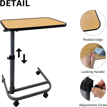 Overbed Table with Wheels & Tilting Top, C-Shaped Height Adjustable Bedside Table (9 Levels), Rolling Sofa Side Desk for Laptop Work, Reading, Meals, and Elderly Care