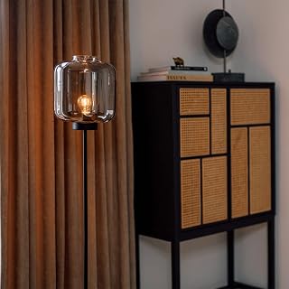 Qazqa - Design Floor lamp Black with Smoke Glass - Qara- - Design - Suitable for LED E27 | 1 Light - Glass Floor lamp - Suitable for Living Room I Bedroom I