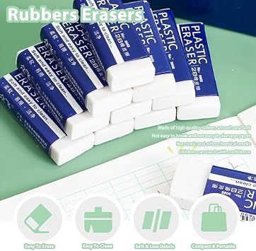 10 Pcs White Plastic Rubber Erasers - Soft 2B, Rectangular, Non-Toxic, Portable Design, Ideal for Students, Painters, Kids