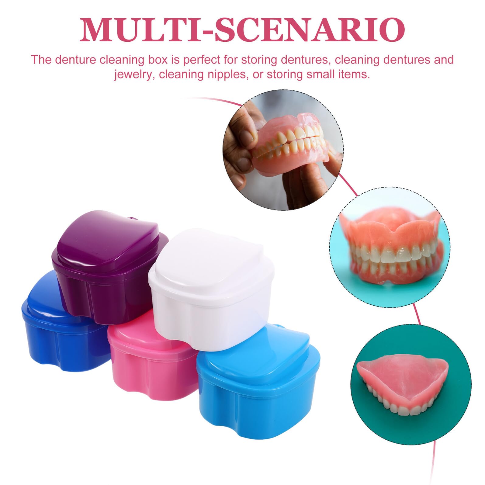 Set 5 Scatole per Protesi Dentarie Portatili con Coperchio, Contenitori Colorati per Ammollo e Pulizia, Custodie Compatte da Viaggio per Apparecchi Ortodontici e Dentiera