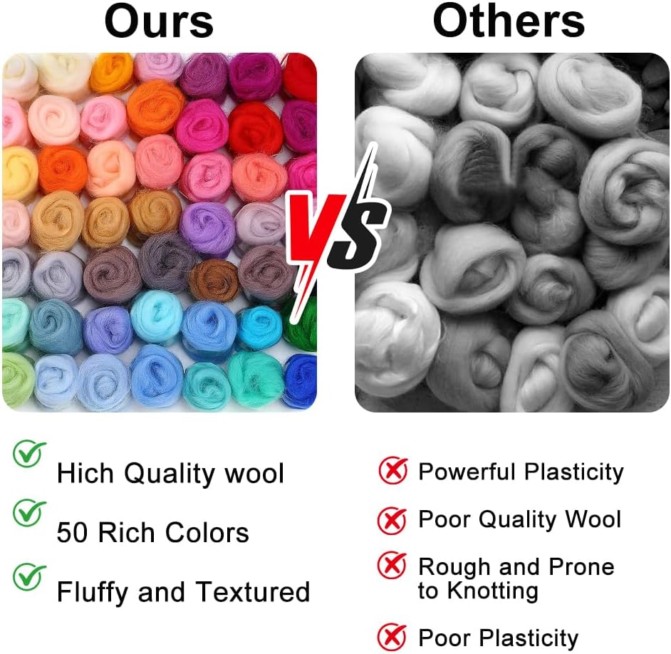 MOJMBSBY Needle Felting Starter Kit for Beginners, 50 Colors Wool Roving with Felting Tools, DIY Your Own Animal Ornaments, Home Decor, Perfect Craft Gift Idea