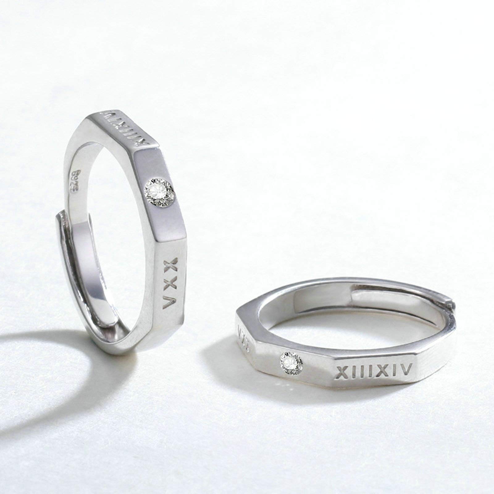 Juego de Anillos, Plata de Ley 925 Anillo Regulable Números Romanos Ajustables Grabado Pareja de Regalo de Anillo de Aniversario