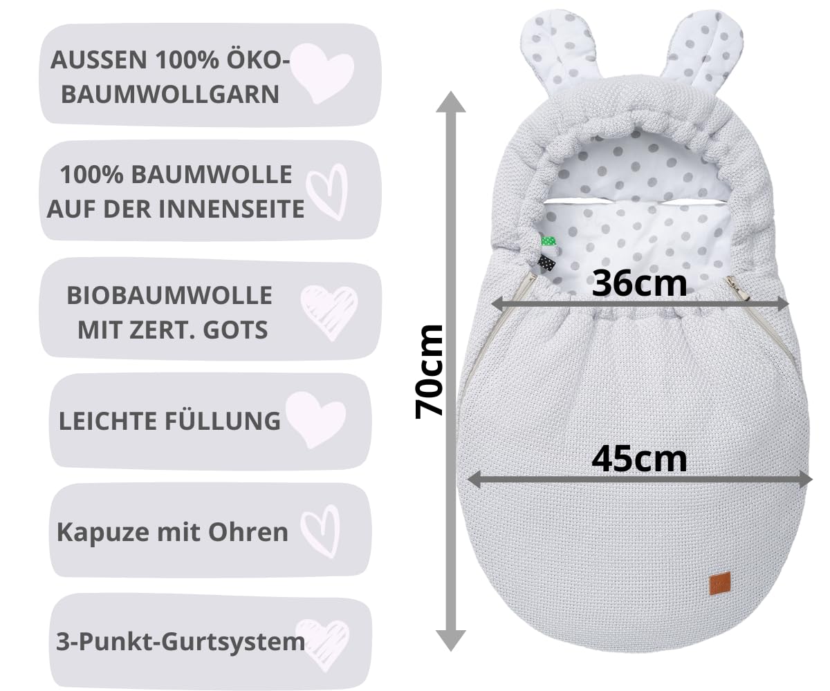 Mikos Couverture enveloppante pour bébé 100 % coton certifié GOTS Zert. Couverture tricotée pour le printemps avec fermeture éclair, pour bébé avec rembourrage, universelle pour poussette, buggys