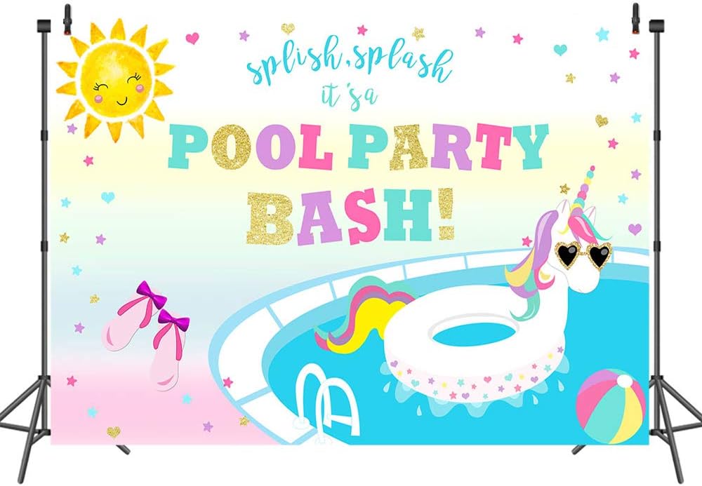 Mocsicka 8x6ft Unicorn Pool Party Backdrop Unicorn Pool Birthday Photo Background Girl Summer Beach Bash Pool Party Backdrops (8x6)