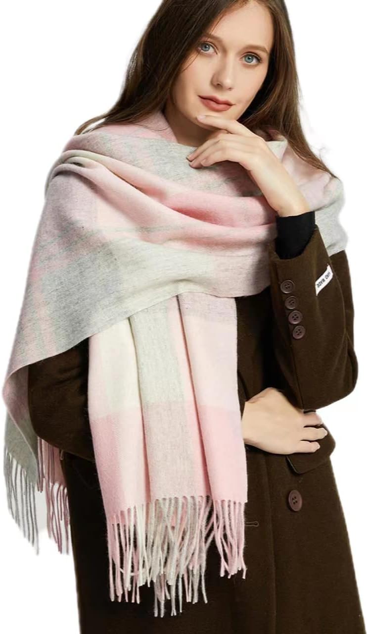 100% Wool Tartan Plaid Scarf,Womens Scarf Fashion Long Plaid Shawls Wraps, Big Grid Winter Warm Lattice Large Scarves