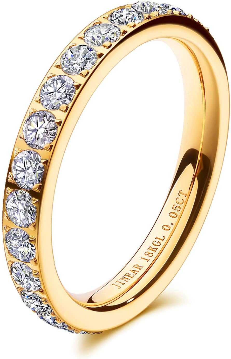 JINEAR 3mm Wedding Bands for Women Eternity Ring 18K Gold Plated Cubic Zirconia Engagement Rings Stackable Anniversary Promise Statement Ring Gift for Her Size 5 to 10