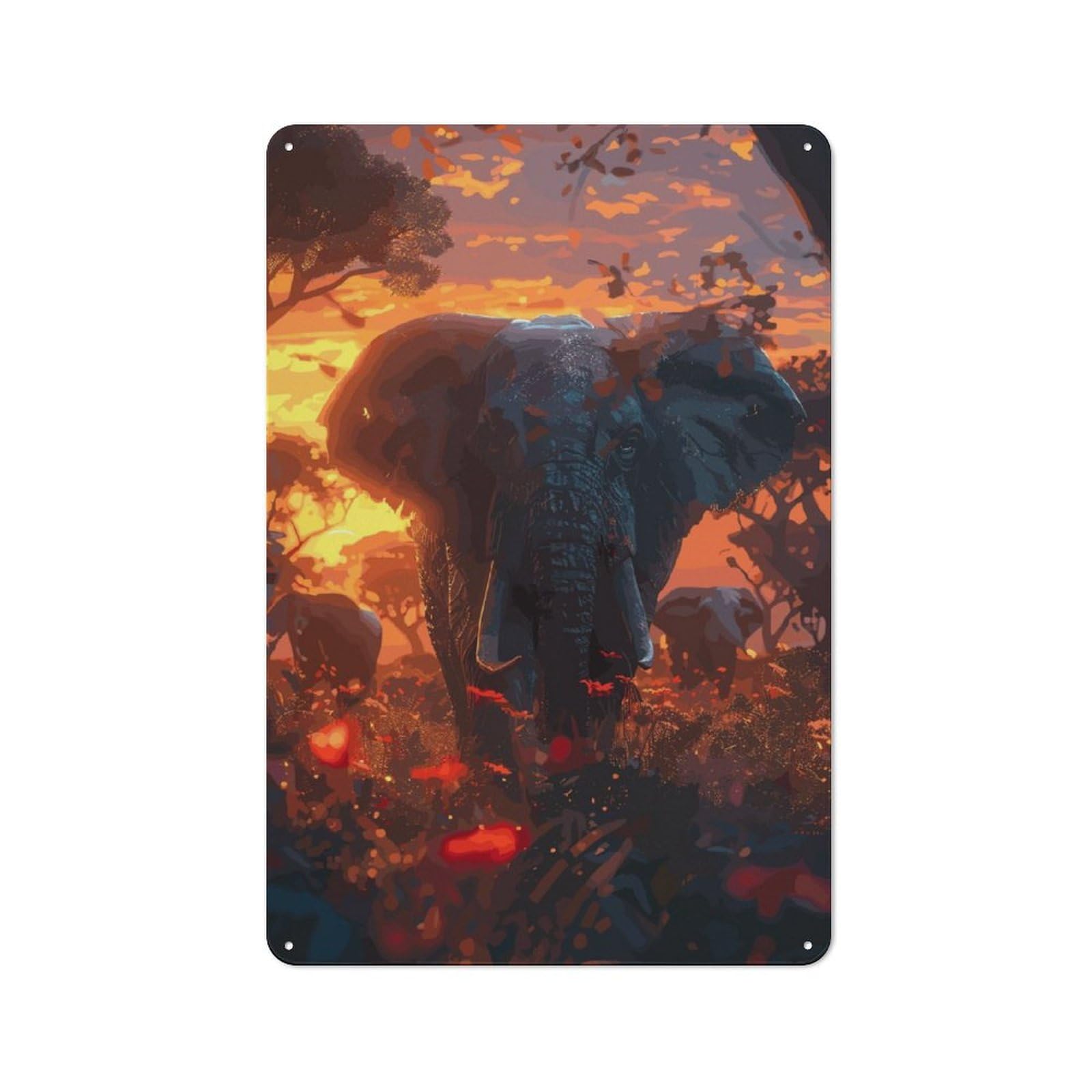 Junmoney Elephants Savanna Sunset Printed Metal Sign 30X20cm For Studio Or Craft Room, For Creative-Space Collectors