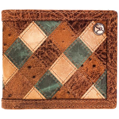 Image of HOOEY Ouray Men's Bifold Wallet - Brown & Turquoise Ostrich Print Roughy Wallet, Genuine Leather Western Wallet with ID Window & Card Slots