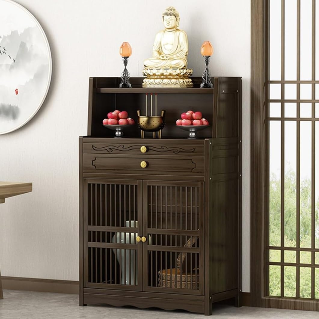 YVYKFZD Personal Shrine Altar Table, Bamboo Altar Cabinet Buddha Niche with Storage, Chinese Cabinet Pedestal Offering Table Meditation Prayer Table(Strip Door)