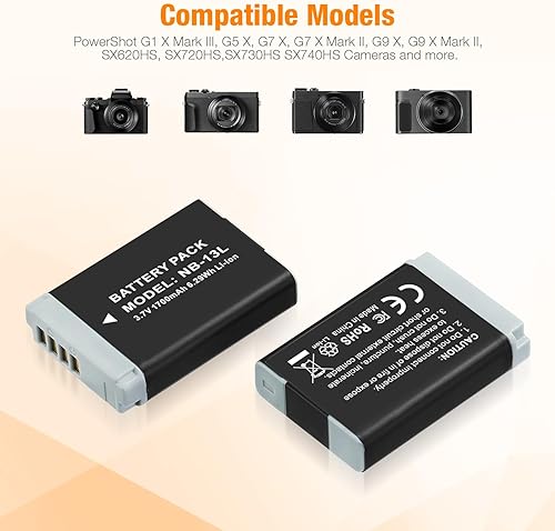 Miniatura 2 de Paquete de 2 baterías NB-13L y cargador de batería dual USB para PowerShot SX720 HS, SX730 HS, SX740 HS, SX620 HS, G1 X Mark III, G5 X, G7 X, G7 X