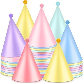 60 Pcs Rainbow Party Hats with Pom Pom and Elastic Cord Pastel Themed Cone Birthday Hats Macaron Themed Favors for wedding, Bridal Shower, Adults Birthday, and Festive Events Decorations, 6 Color