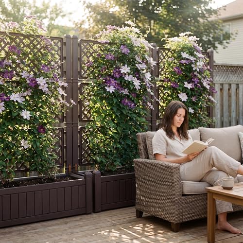 Greesum Planter Box Trellis, 6.5FT Large Plastic Raised Garden Bed with Drain Hole for Climbing Plants, Plant Support, Flowers, Vegetables, Perfect for Patio, Yard, Brown - Thumbnail 2