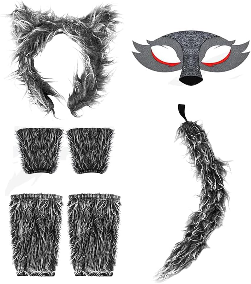 sanderala 4Pcs Wolf Costume Accessory Set - Cute Animal Ears Tail and Gloves Cosplay Costume