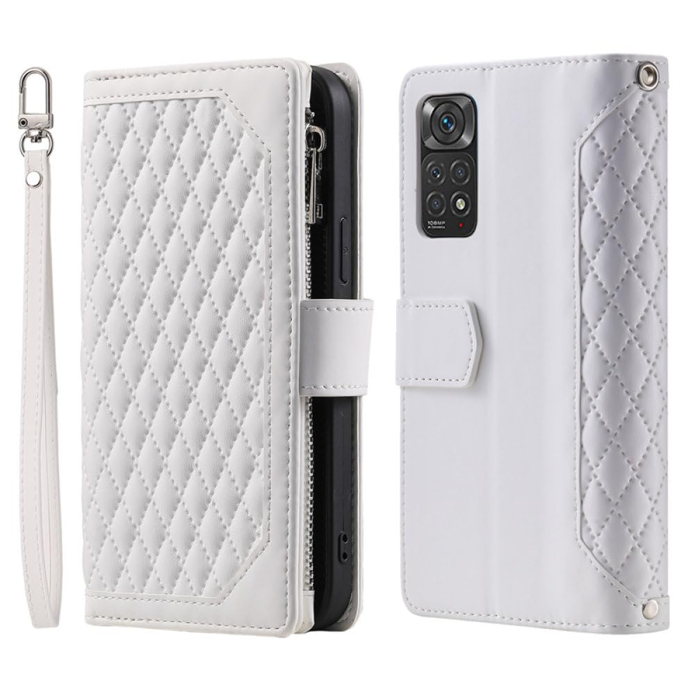 Étui de téléphone en Cuir à Rabat avec lanière pour RedMi Note 12 Pro 12S 11 11S 10 10S 9 9S 8 7 12C 10C 10A A1 Couverture de Carte de Portefeuille à Fermeture éclair, Blanc, pour Redmi Note 11