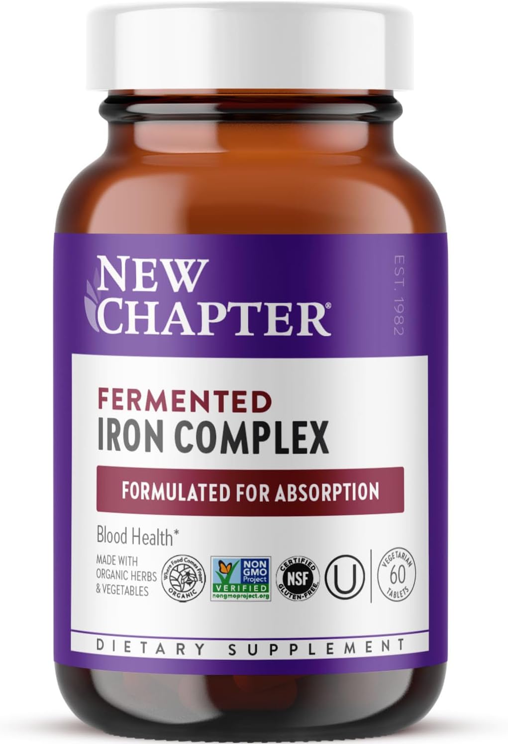 Iron Supplement, Whole-Food Fermented Iron Complex Made with Organic Vegetables & Herbs + One Daily Non-Constipating Dose- 60ct, 2 Month Supply