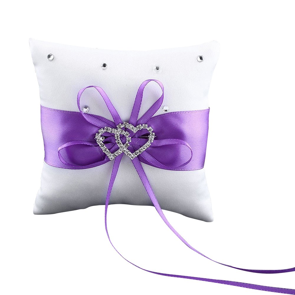 Bluelans® Double-Heart Rhinestone Wedding Ring Pillow Cushion Bearer Purple
