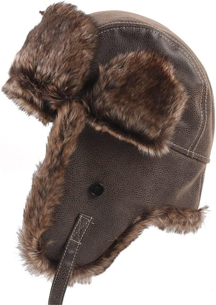 Men's Winter Hat with Earflaps Warm Pu Leather Earflap Bomber Hats Snow Cap Aviator Caps