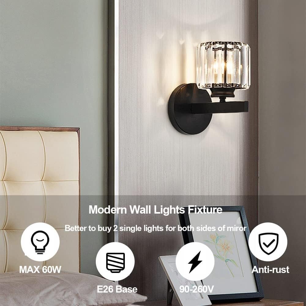 Lampade da Parete per Camera da Letto Lampada Decorativa con Finitura Nera in Cristallo per Bagno, Camera da Letto, Soggiorno, Studio, corridoio, Ingresso, Ristorante, apparecchio