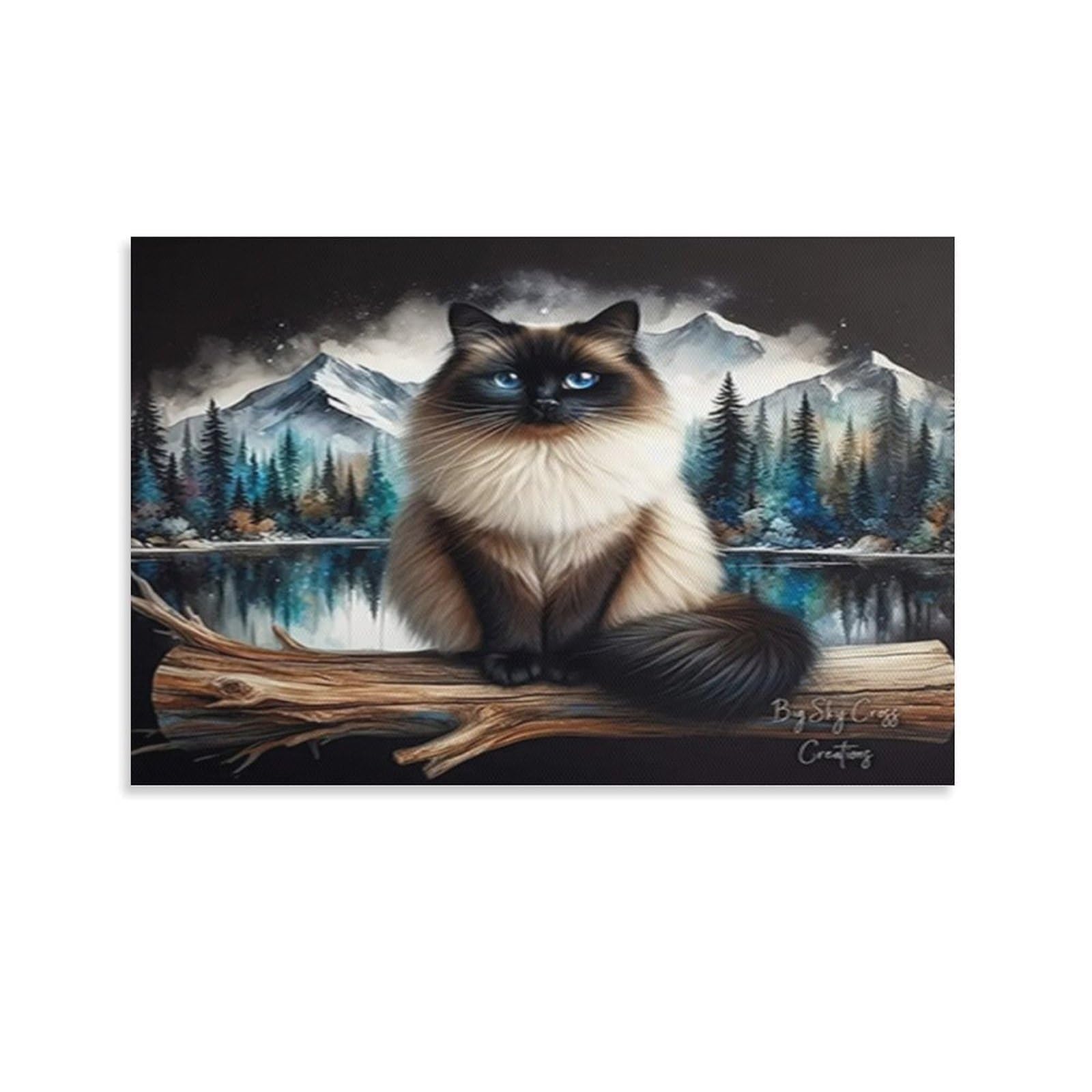 CPLVKWRQJ Siamese Cat Landscape 1 Piece Ragdoll Cat on Log by Mountain Lake Canvas Wall Decor - Bedroom Canvas Painting Easy to Clean Space Transformer Art 16x24inch(40x60cm)