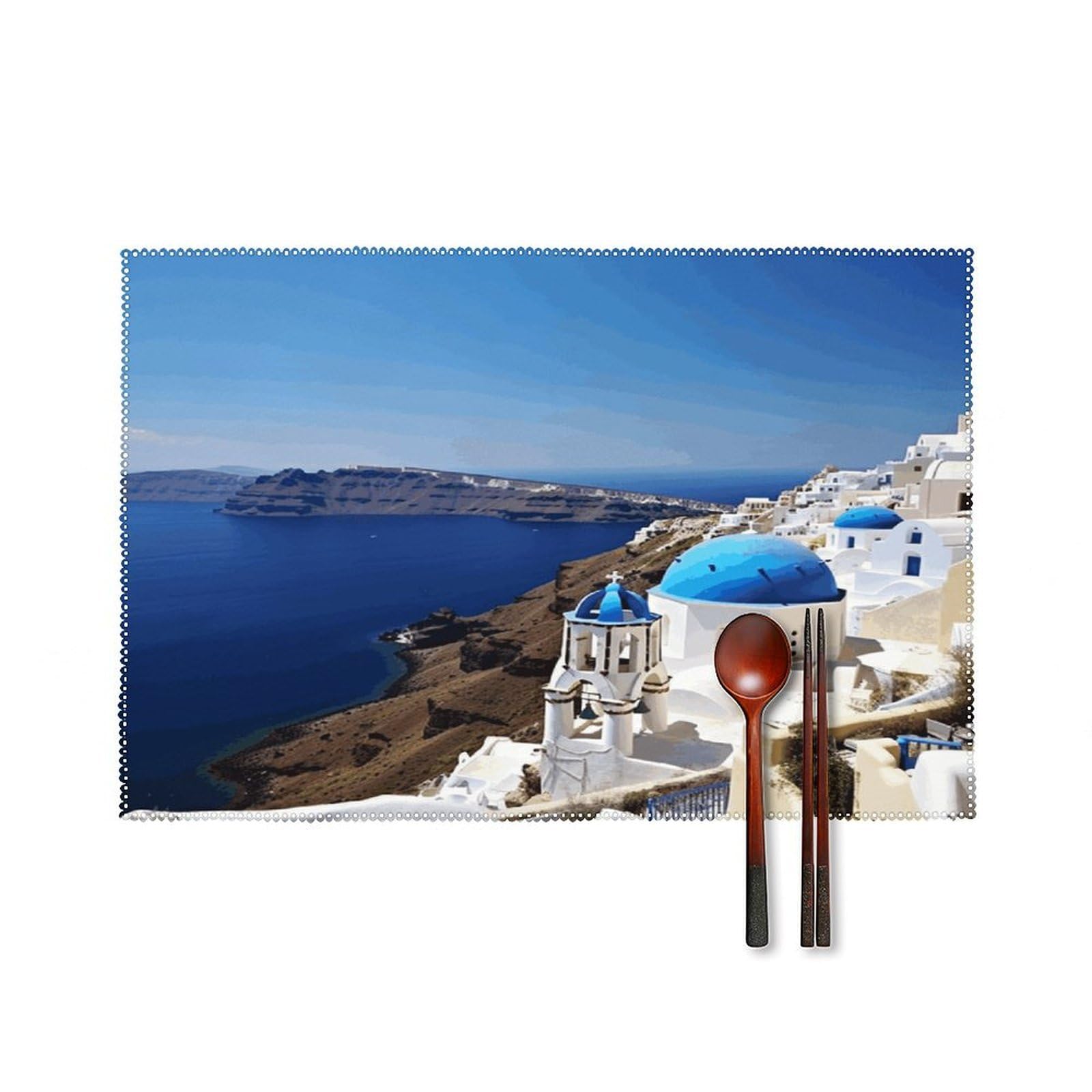 Santorini Greek Island Sea View Placemats Set of 6 Washable Farmhouse Dining Table Mat Non Slip Heat Resistant Non-Slip Place Mats Easy Clean Table Protective Placemats for Indoors & Outdoors