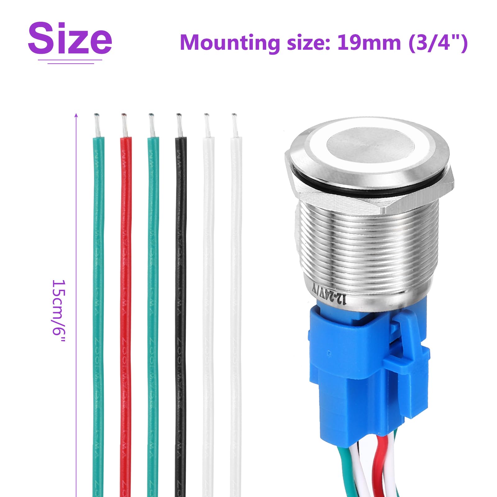 DMiotech 2 Pcs 3/4" Stainless steel Momentary Push Button Switch 5Pin 1NO1NC 5A 12-24V Silver Flat Button White Ring Lamp with Socket Plug with Wire for Car Boat Systems - Image 4