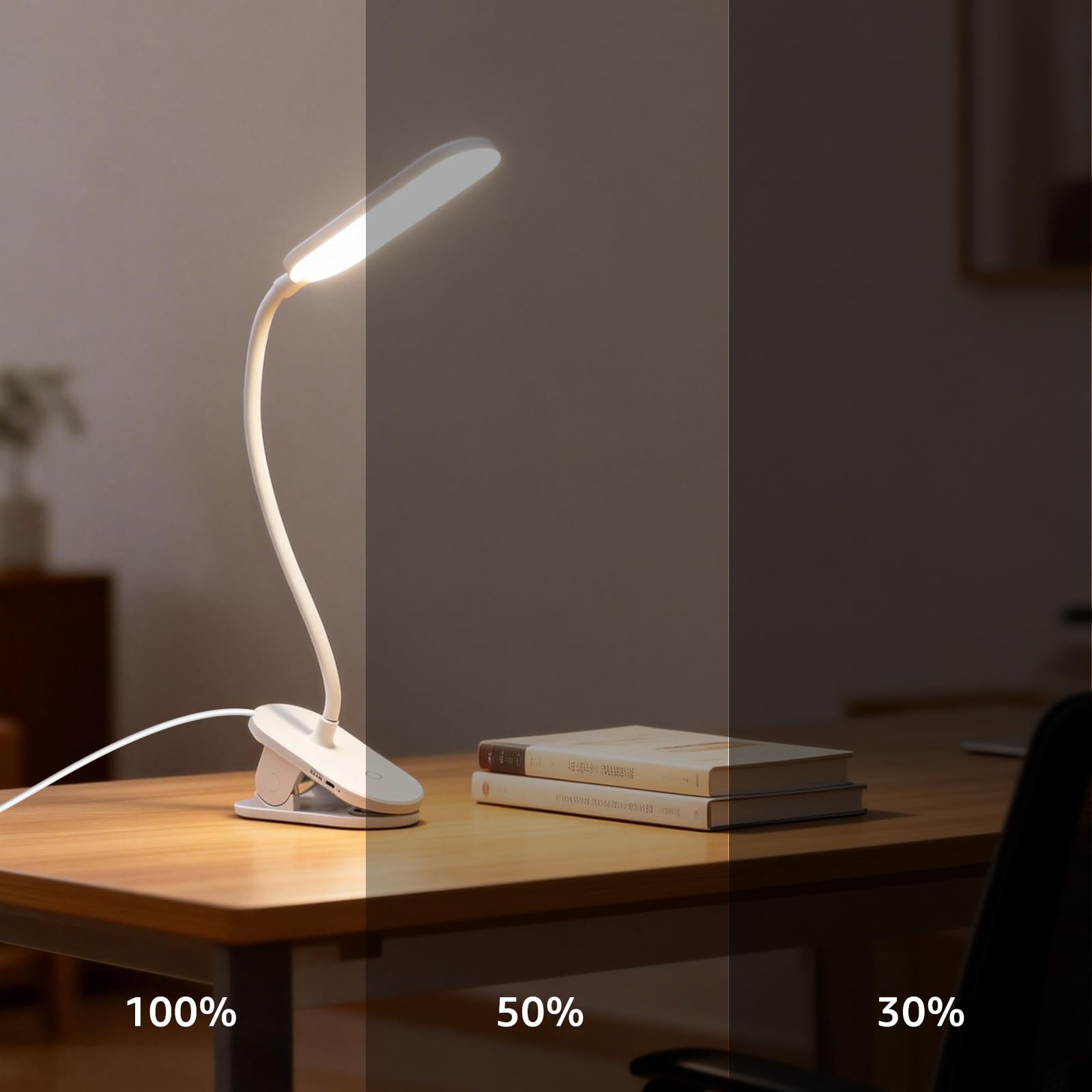 Aigostar Lampa do Czytania z Klipsem - Lampka Nocna LED Zasilana USB (Bez Baterii), 3 Poziomy Jasności, Elastyczne Ramię 360°, Ochrona Oczu 4000K, Idealna do Łóżka i Biurka, Biały