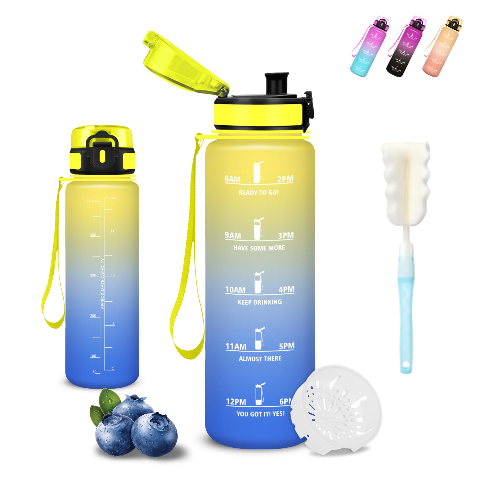 Trinkflasche Kinder- 0.5l- Wasserflasche, Trinkflasche mit Zeitmarkierung, Auslaufsicher, Wasserflasche mit Filter, Leicht zu Reinigen, Water Bottle für Schule, Schwimmen, Büro, Running