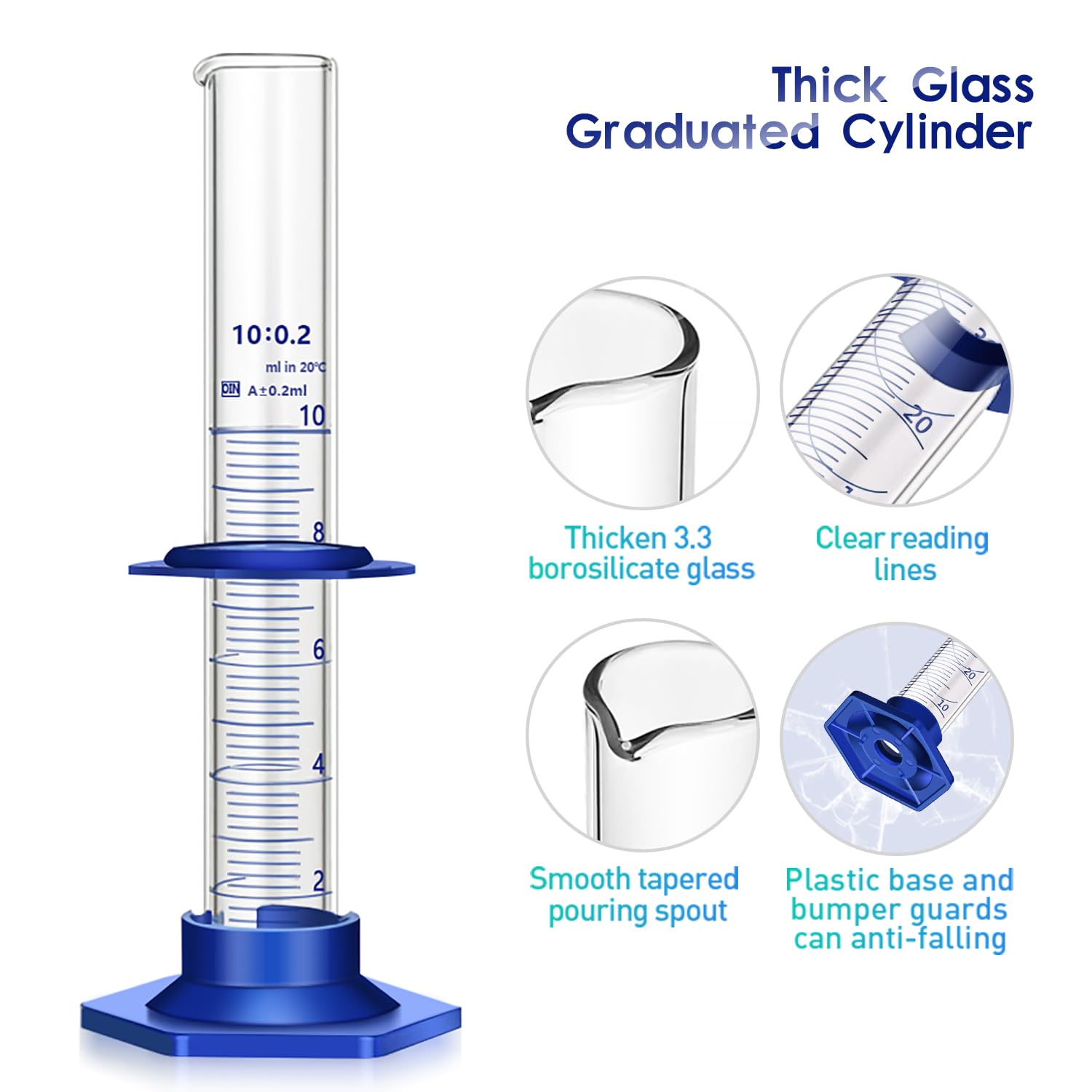 Thick Glass Graduated Cylinder Measuring Liquid Lab Cylinders with Anti-Falling Plastic Base and Bumper Guards (Glass, 10ML) - Image 5