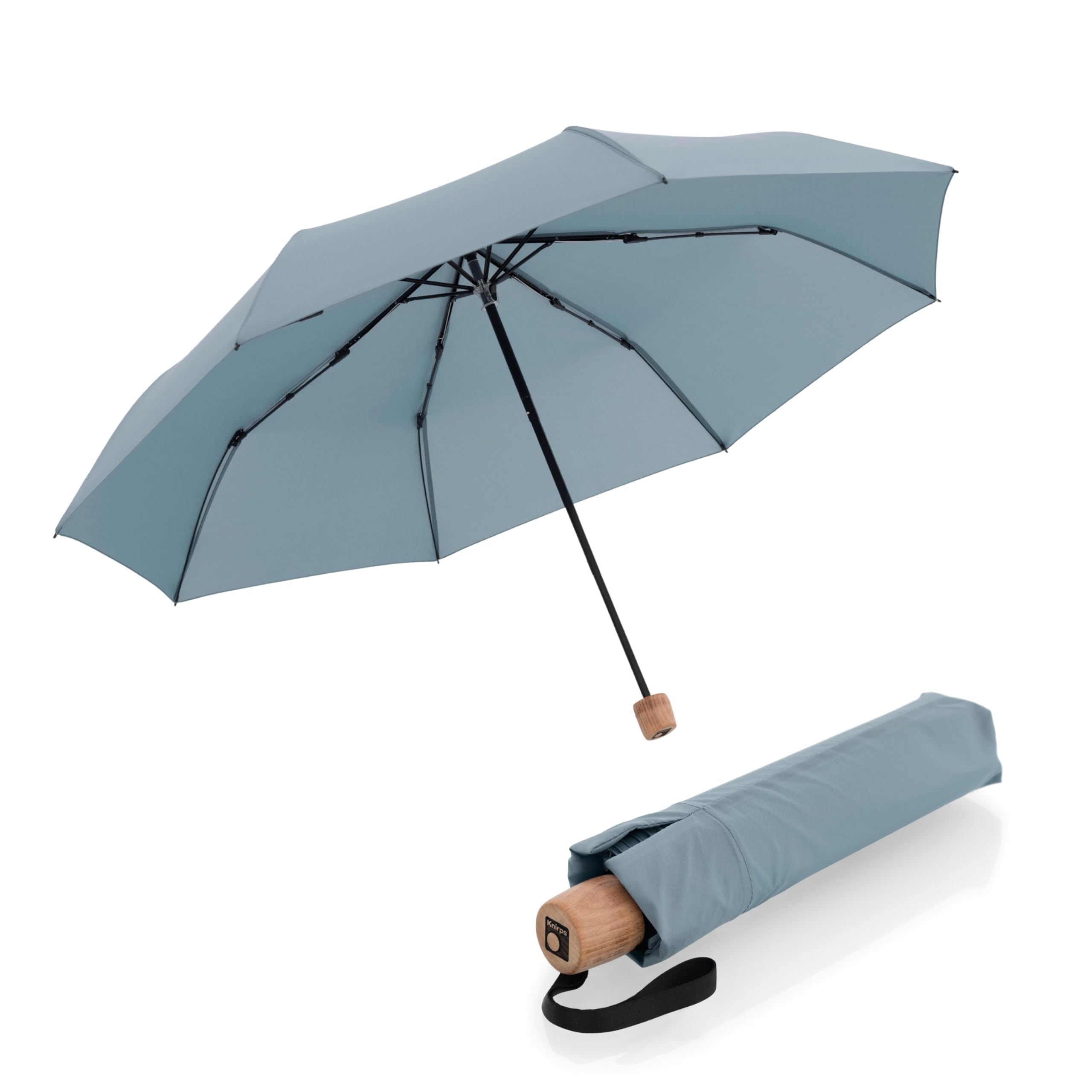 Knirps TIMBER Windproof Umbrella, Compact Travel Essentials Sun Protection & Rain Protection For Women & For Men, Manual Umbrellas with Water Resistant Carrying Case & German Beech Wood Handle, Cloud