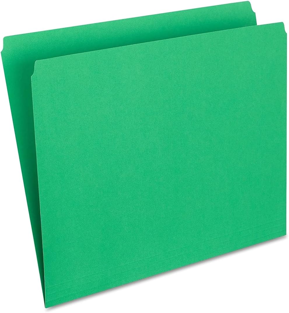 Staples Straight‑Cut Top‑Tab File Folders, Letter Size, Green, Durable Paper Stock, 100/Box