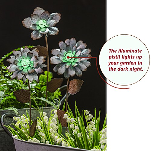 CEDAR HOME Galvanized Floral Garden Stake Outdoor Glow in Dark Plant Pick Water Proof Metal Stick Art Ornament Decor for Lawn Yard Patio, 4"W x 1.5"D x 13.8"H, 3 Set