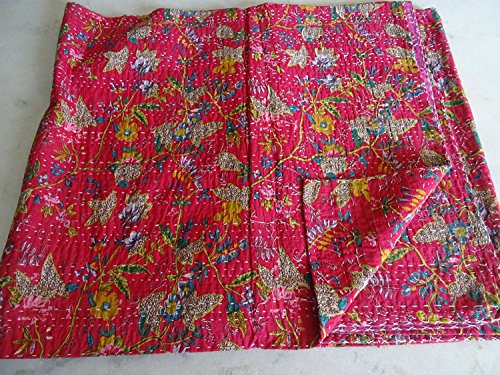 Sophia-Art 100% Handmade Twin Size Indian Kantha Quilt Blanket Comforter Pink Shade Flowers Bird of Paradise Quilt Ethnic Bohemian Mediterranean Bedding
