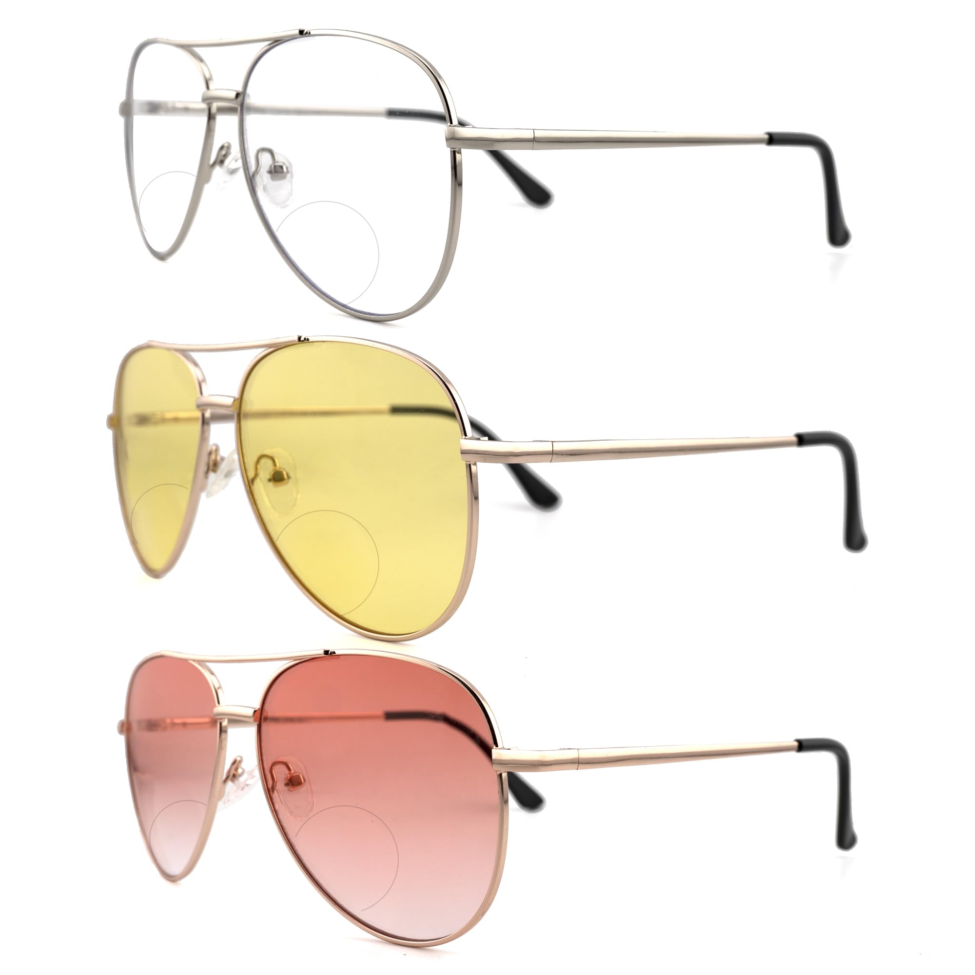 Pack Bifocal Reading Sunglasses for Women Men, Aviator Sun Readers  Glasses Mirrored Shades UV400 Gradient Pink Night Yellow Clear,