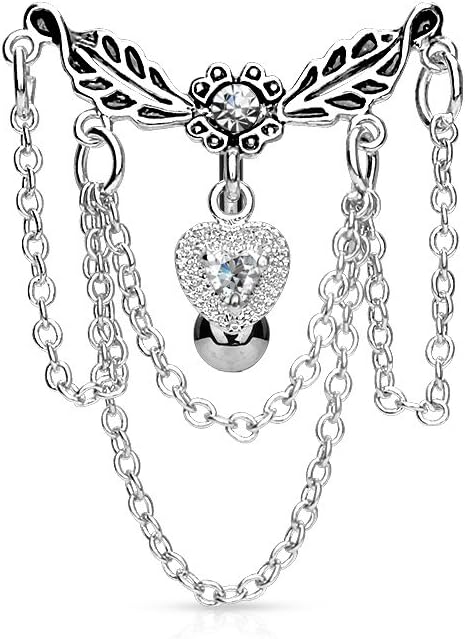 14GA 316L Surgical Steel Leaflet Chandelier Chained Heart Top Down Dangling Belly Button Ring